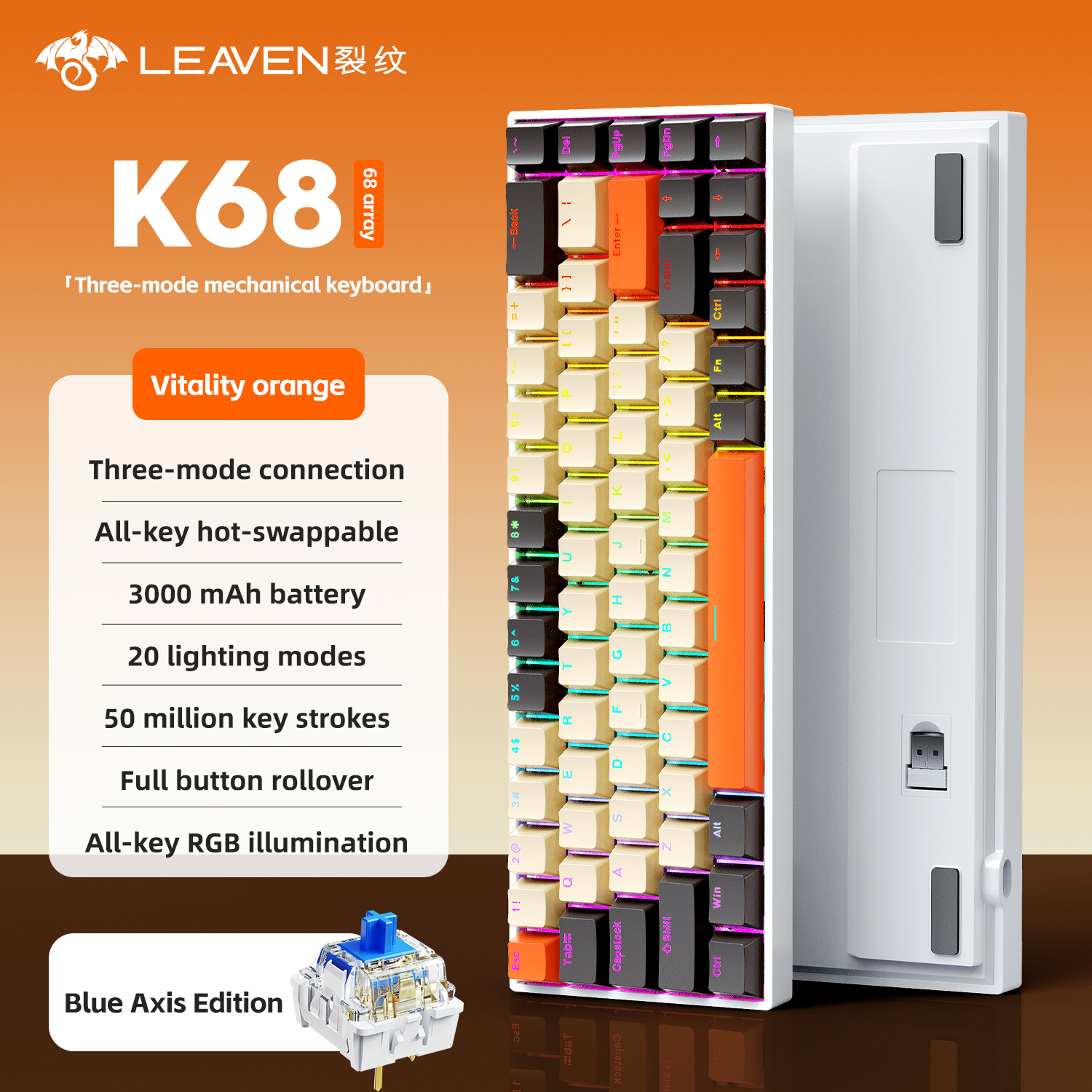 K68 68-toetsen draadloos mechanisch toetsenbord Tri-mode-verbinding, Full Key Swap, RGB-lichteffecten, pakkingdemperstructuur, L: Oranje / Rode schakelaar