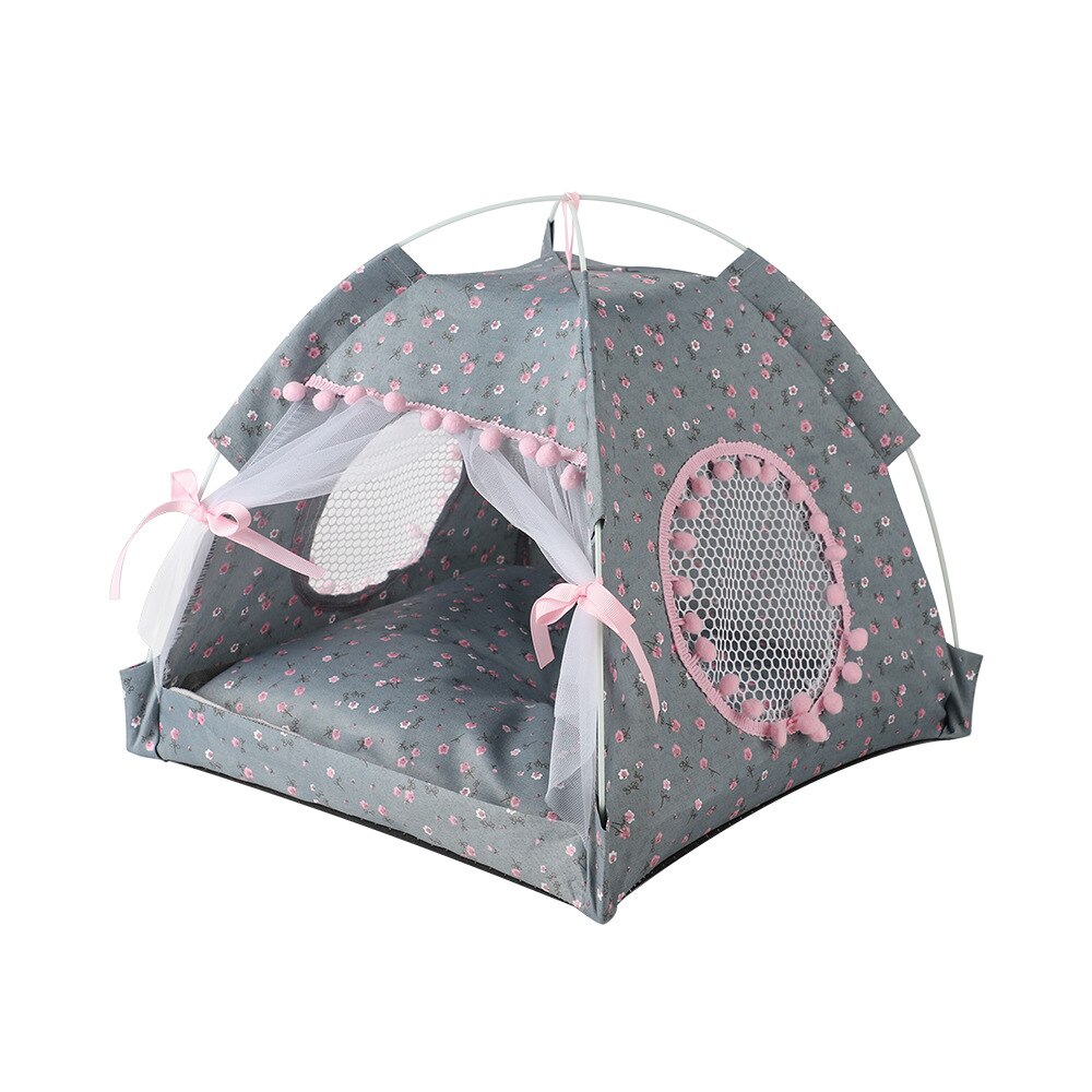 Foldable Cat Kennel Summer Semi-Enclosed Cat Tent Mat Removable Outdoor Pet House Breathable Dog Cat Bed Travel Bed Pet Tent: Cyan flower / S
