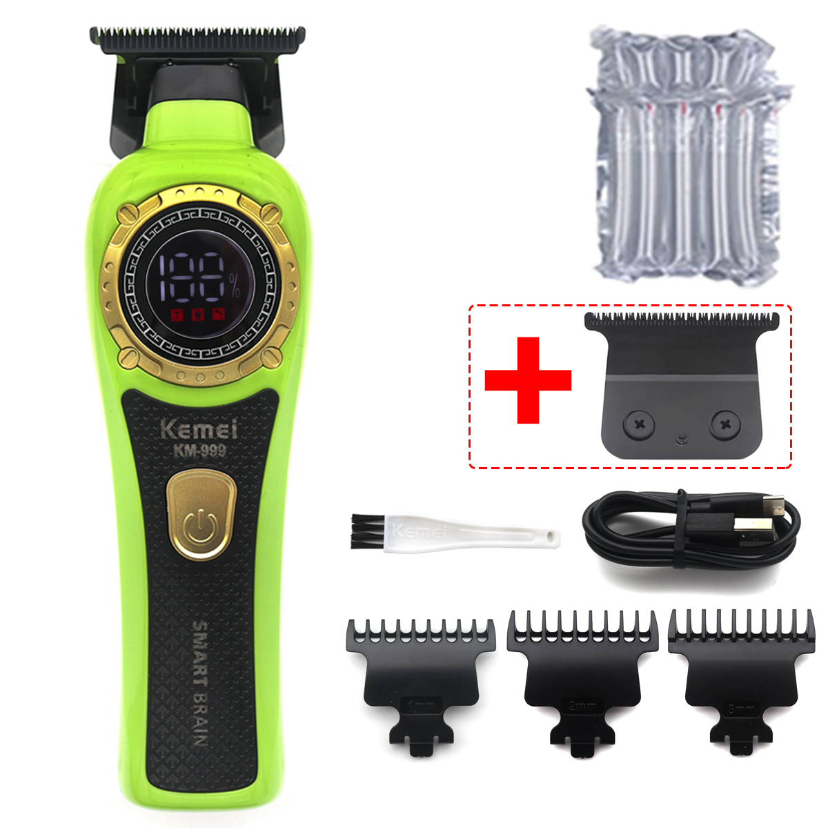 Kemei KM-999 Hair Trimmer for Men DLC T-Blade Zero Gapped LED Display Cordless USB Hair Clipper Finishing Machine: Blue