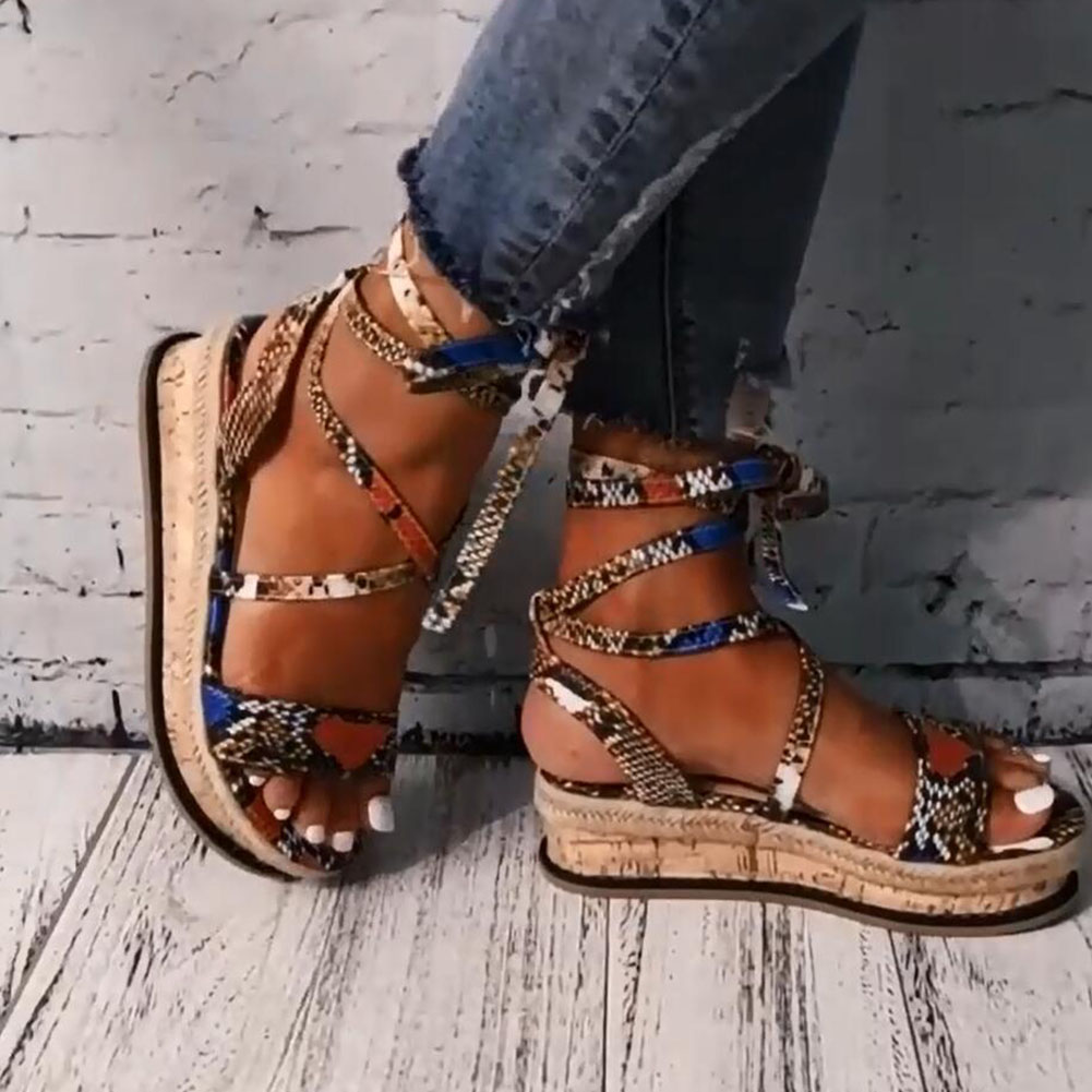 Sandalias de verano para mujer, Sandalias de tacón alto estilo bohemio con plataforma y lazo para mujer, zapatos de punta abierta con correa en el tobillo