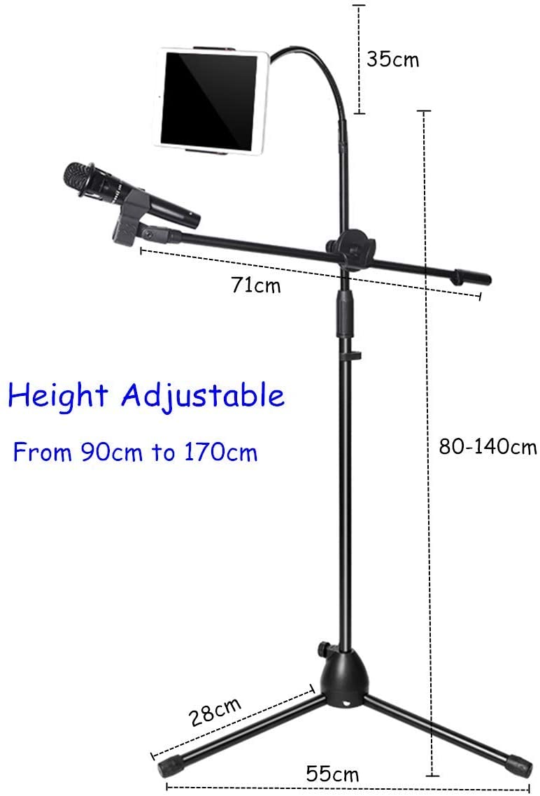 Tablet Tripod Stand with Microphone Holder, Lightweight Folding Tripod Mic Stands Height Adjustable Cell Phone Floor Stand