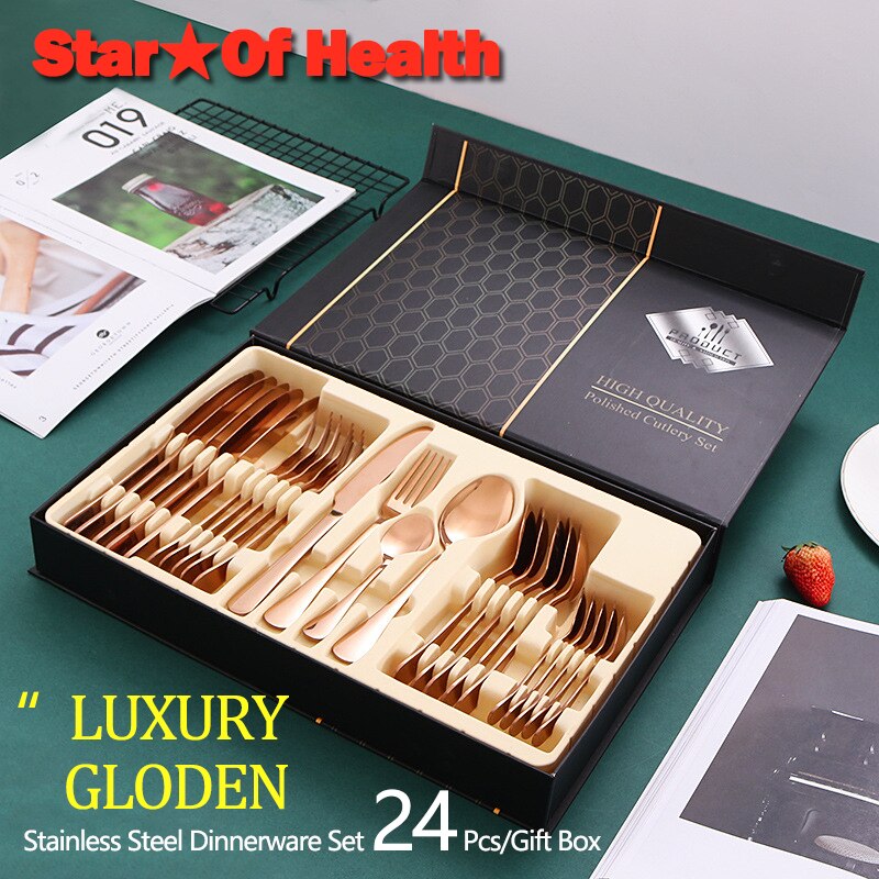 6Set/24Pcs Luxury Flatware Box Set Wedding Banquet Year Family Dinner Cutlery Set Stainless Steel Tableware Set