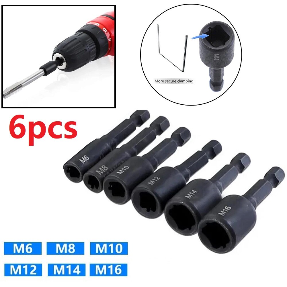 6pcs Tap Die Socket Adapter 1/4'' Hex Shank Square Driver M6 M8 M10 M12 M14 M16 Screw Tap Tapping Chuck For Power Drill