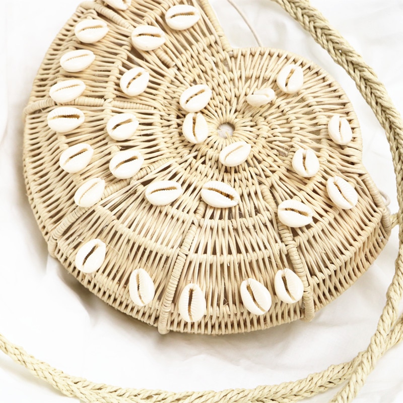 Bolso de hombro para chicas hecho a mano con cubierta tejida de verano, bolso de playa con detalles trenzados de mimbre para chicas, mensajero tejido de concha a la