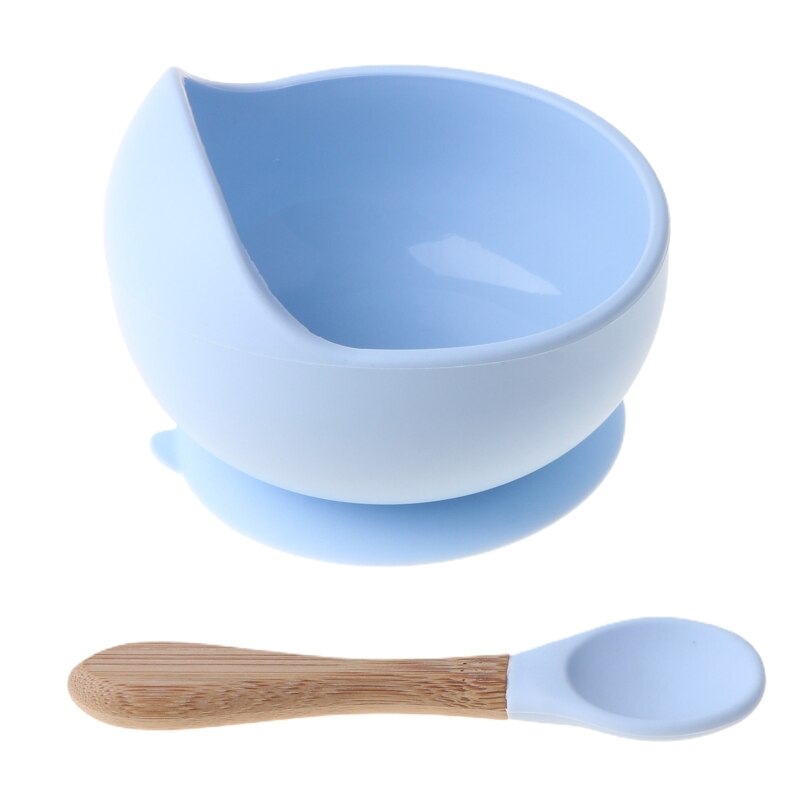 2 Pcs Non-Slip Learning Feeding Tableware BPA Free Silicone Waterproof Baby Suction Cup Base Bowl Training Spoon Set