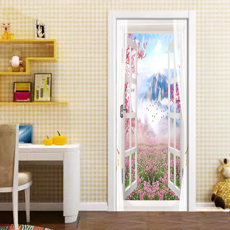 3D Wall Door Sticker Scenery Outside Window Wallpaper Living Room Bedroom Home Decor Paste PVC Self-Adhesive Waterproof 3D Mural
