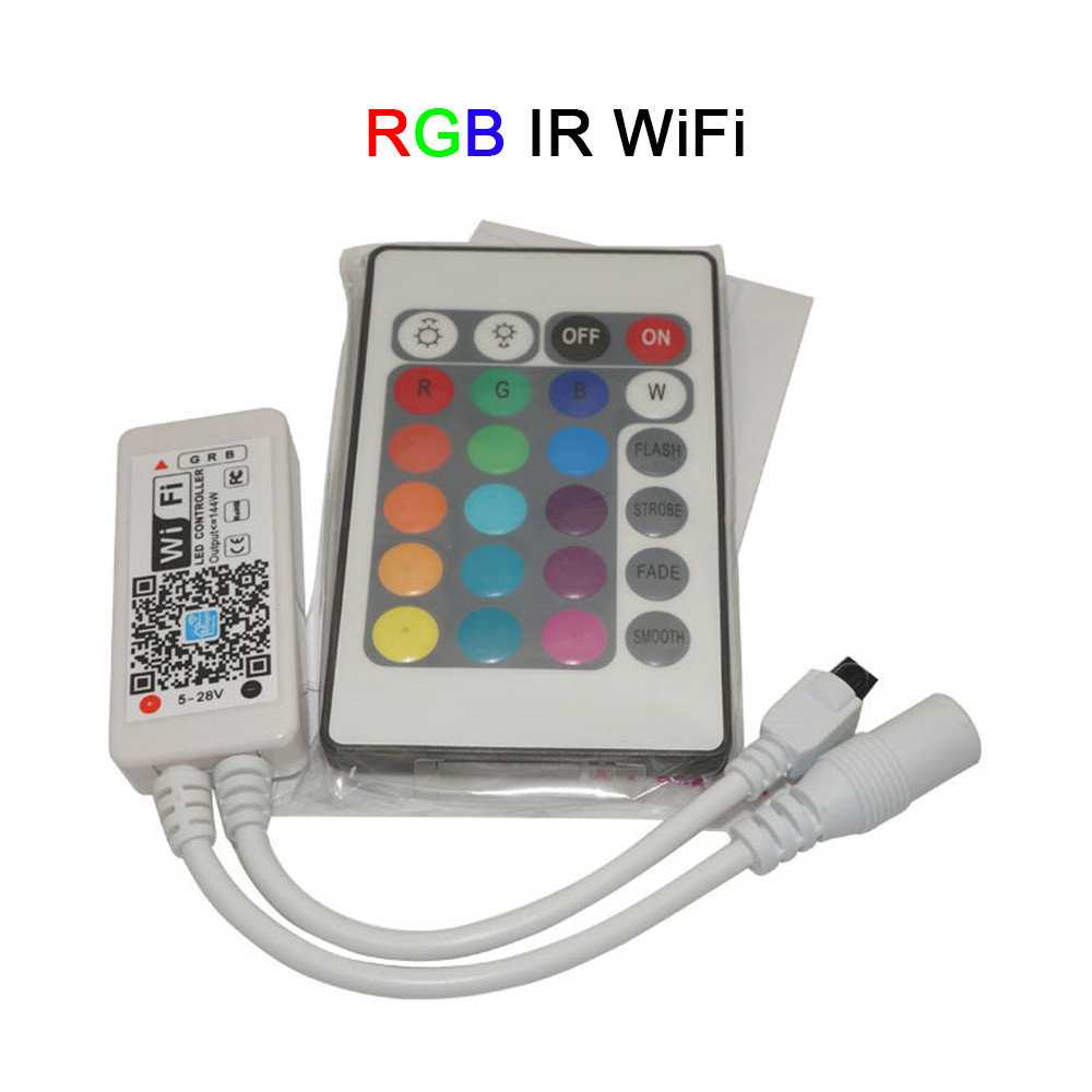 Wifi led rgb/rgbw led strip controller  dc5v-28v 24 nøgler & rf fjernbetjening fra ios/android smartphone til  dc 5v 12v 24v led lampe tape: 24 nøgler rgb