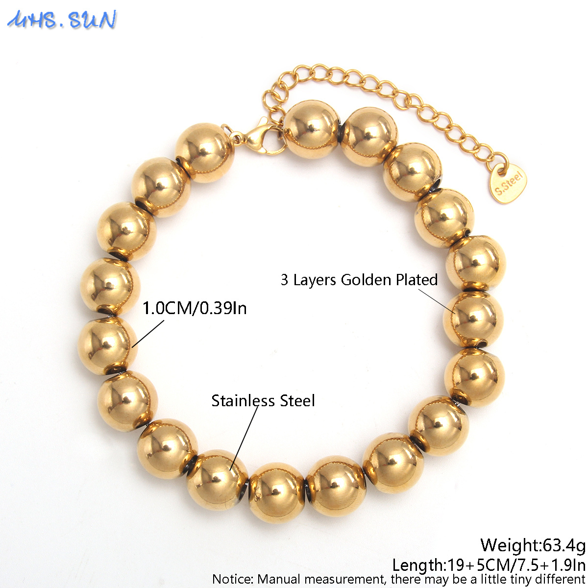 MHS.SUN-pulsera de cuentas lisas impermeable, brazalete ajustable de bolas redondas de acero inoxidable, Color dorado y plateado, joyería de Unisex: Estampado en caliente