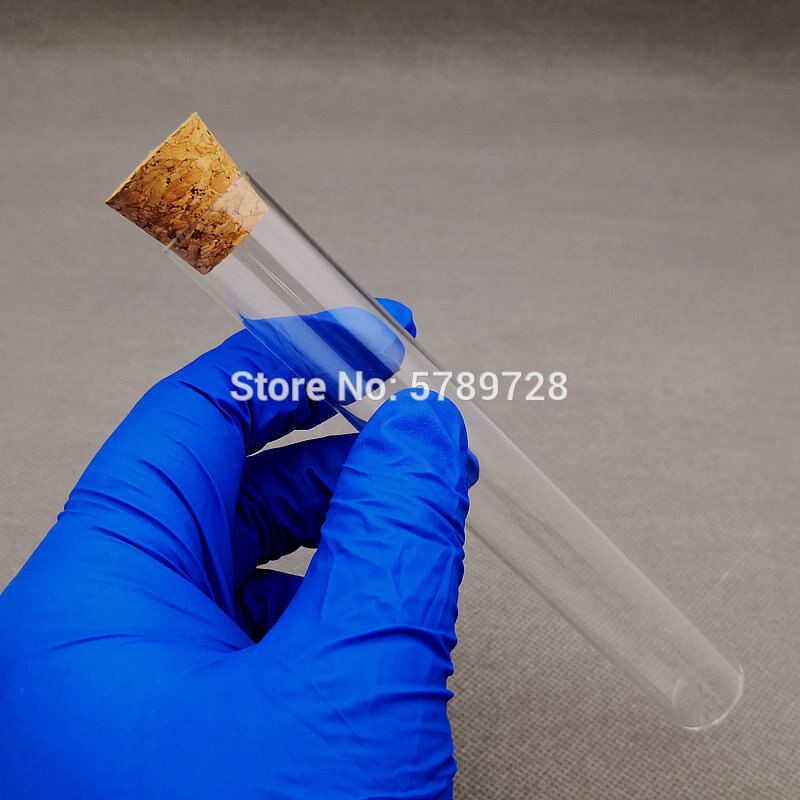 50 unids/lote 20x150mm Tubo de ensayo de fondo plano de vidrio transparente con tapón de corcho, recipiente de reacción de vidrio engrosado de laboratorio con boca plana