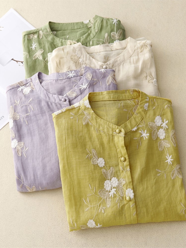 Frühling Sommer Frauen Hemd Bluse gespleißt Dreiviertel Gaze Stand Hals einreihig Brüste Folk bestickte Strickjacke Tops