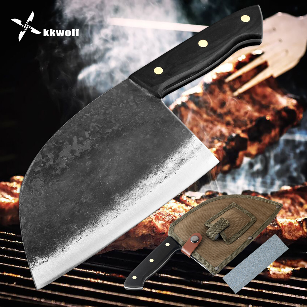 Kkwolf handmade forged kitchen chef knife full Tang high carbon steel slaughter knife cut cleaver Utility Chinese kitchen knife