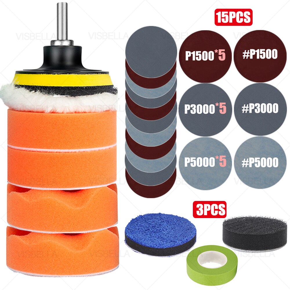 3Inch Car Polishing Kit Sponge Foam Pad Auto Headlight Wheel Polisher Polishing Refurbish Abrasive Disc Sandpaper Buffing Pads: package 13