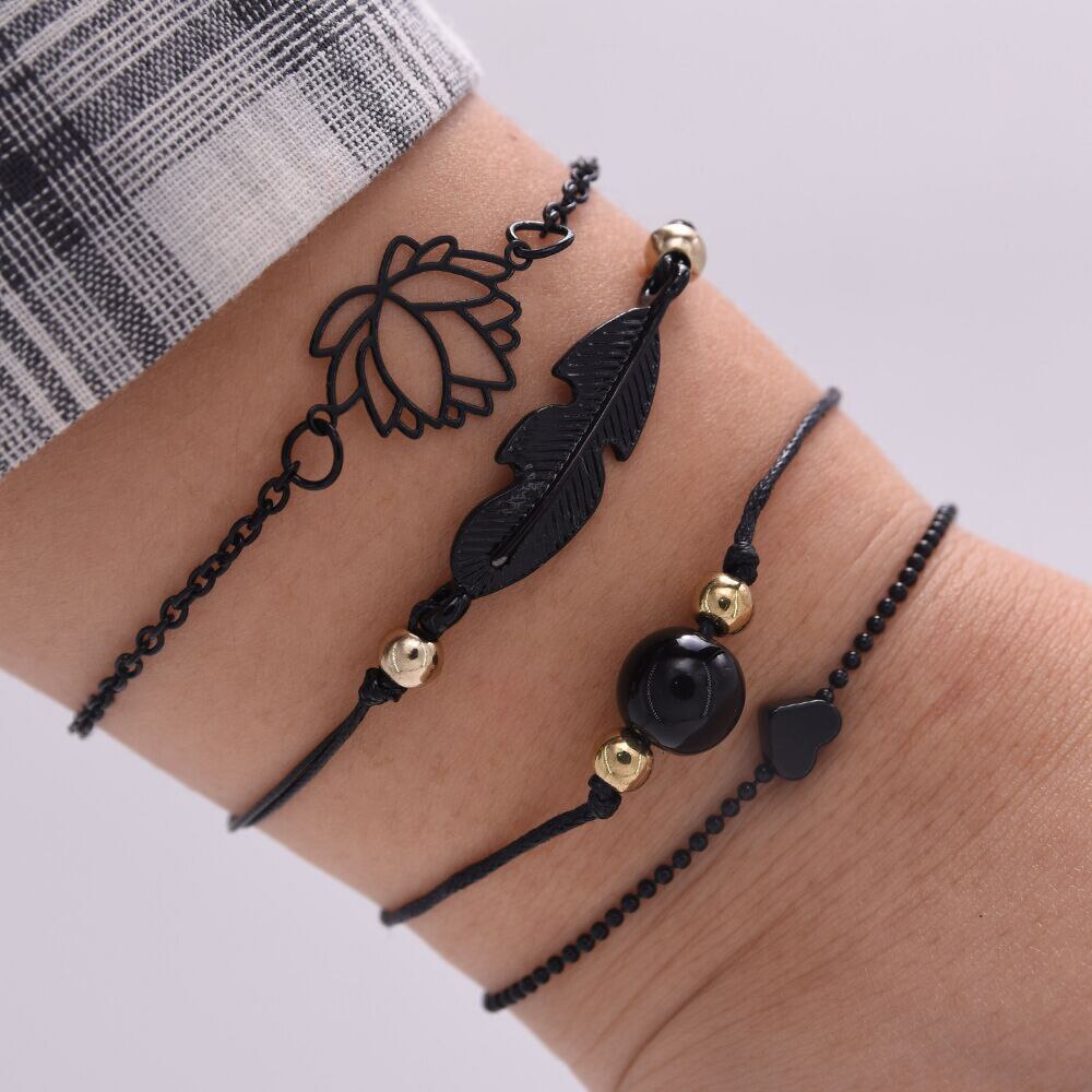 gothique noir plume Lotus Bracelet ensemble en forme de coeur Boho Bracelet breloque dame poignet chaîne Bracelet