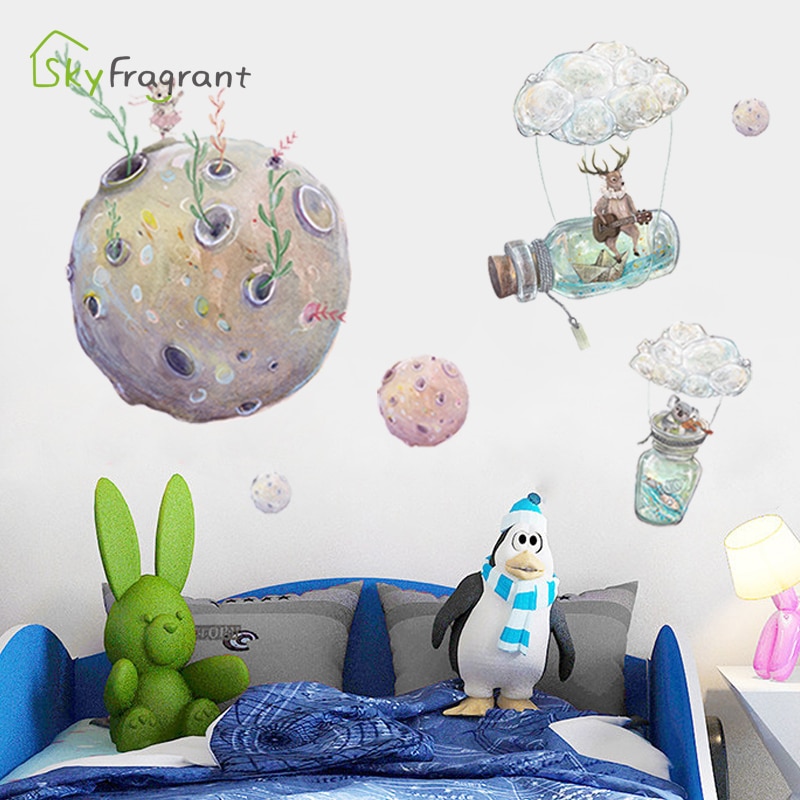Planeta , decoración de habitación de niños, pegatinas de animales de dibujos animados para pared, pegatina infantil para dormitorio de bebé, autoadhesiva para decoración del hogar