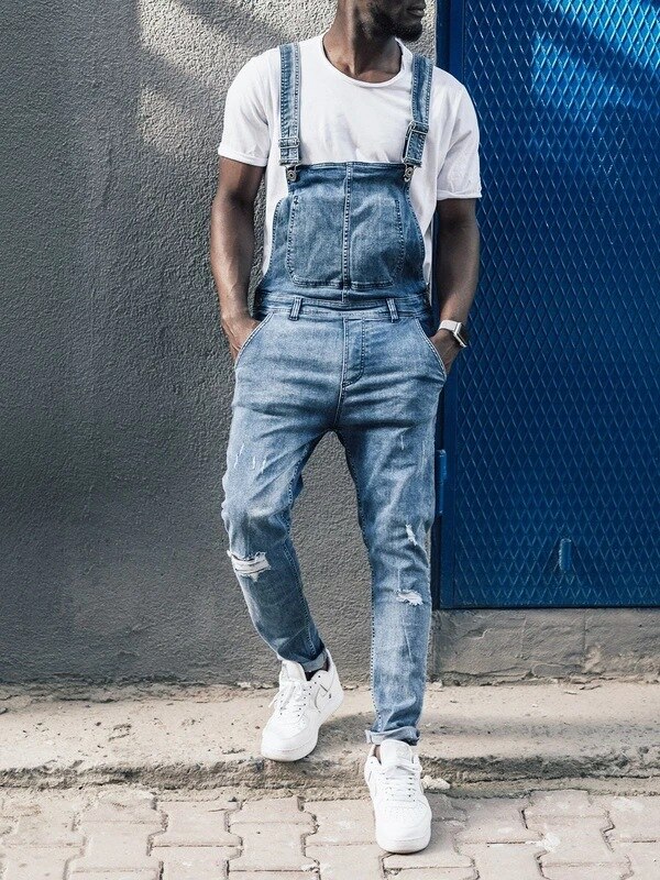 Lugentolo Déchiré Jeans Salopette Homme Printemps été Streetwear Grande Taille Taille Moyenne Jean Délavé: S