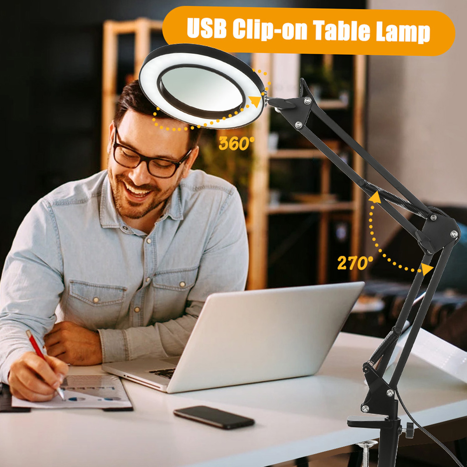 Lente d'ingrandimento Lampada a LED Lente d'ingrandimento con luce 10 livelli Lampada da lettura a LED con supporto a morsetto Lampada a luce artigianale a 3 colori