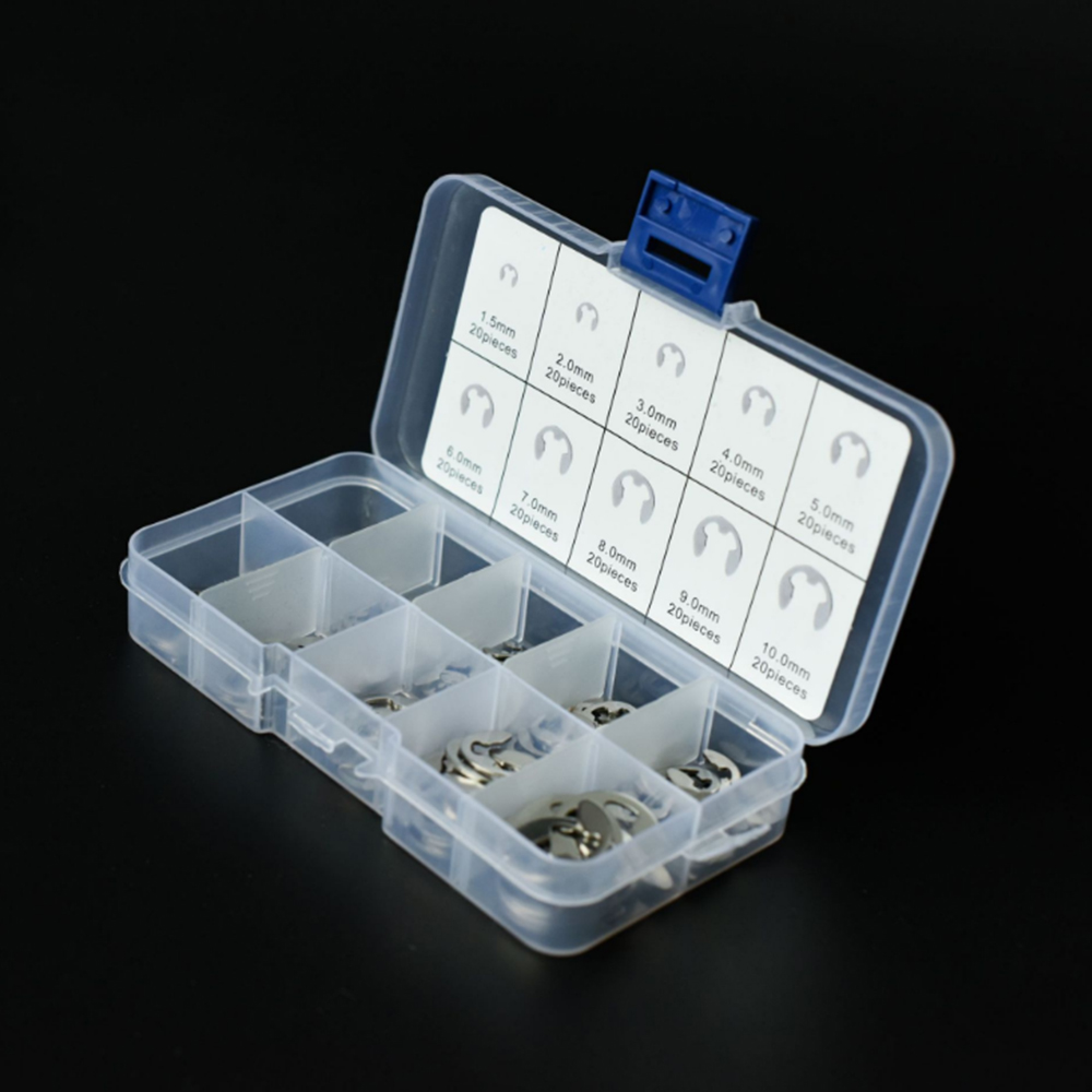 200Pcs/Box 304 Stainless Steel E Clip Circlip Washer Assortment Kit 1.5-10 mm External Retaining Ring Clip For Shaft