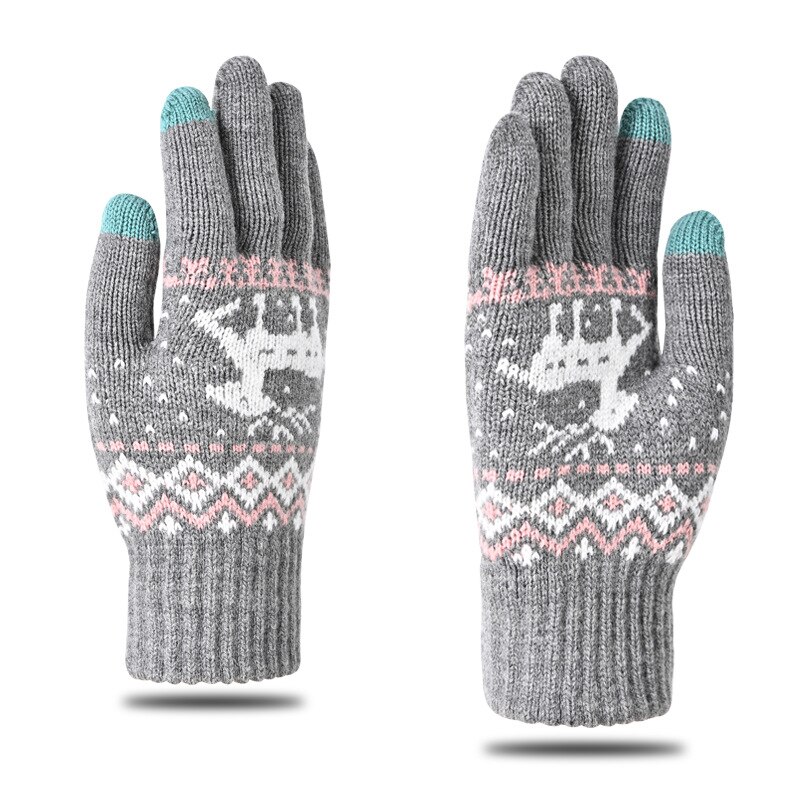 2022 Mens Winter Gloves Thicken Warm Knitted Gloves Unisex Touchscreen Elk Pattern Plus Velvet Outdoor Cycling Cold Gloves: Gray