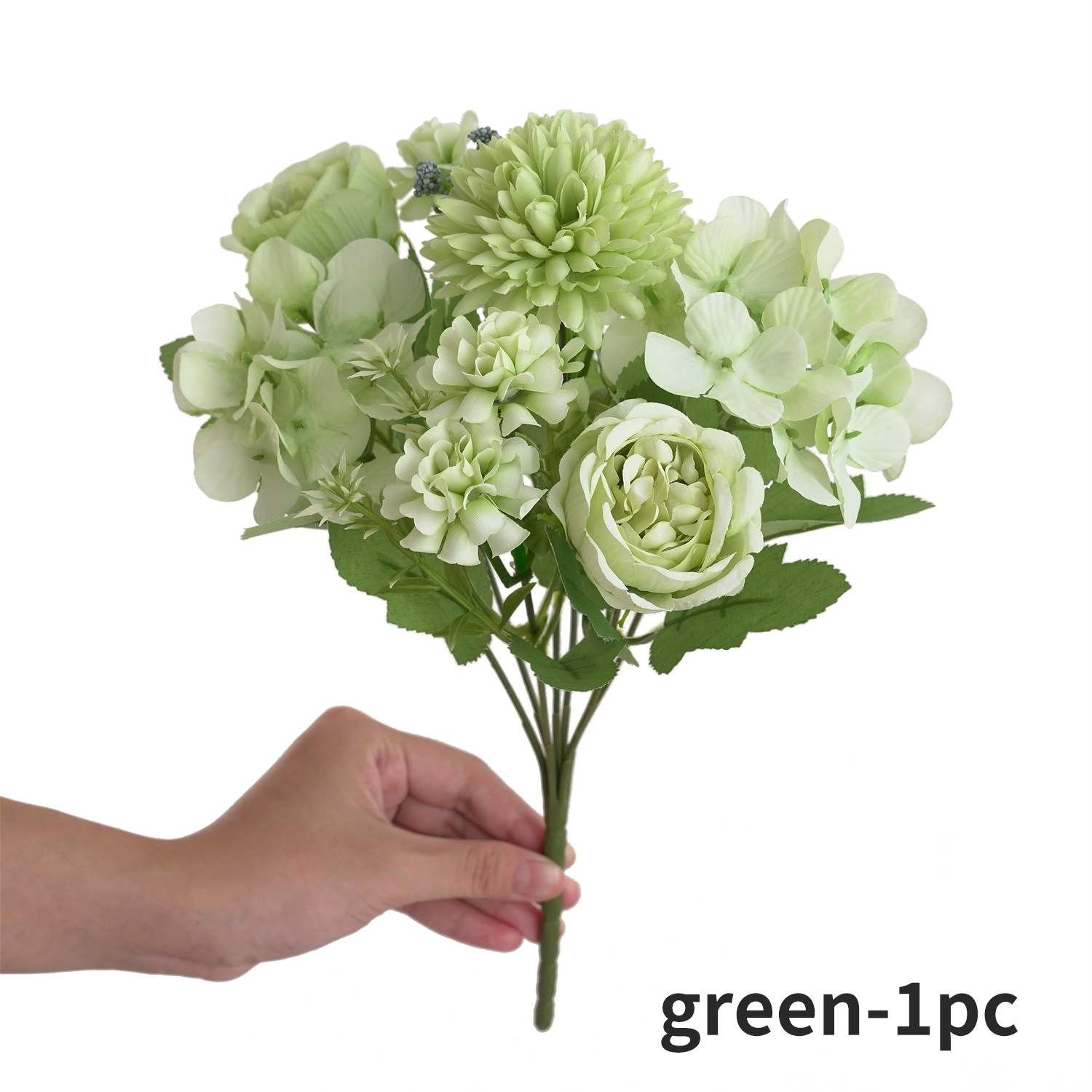 Ramo de flores artificiales realista de 1/4 Uds., ramos reutilizables de hortensias y crisantemos de peonía sintética con tallo, decoración para la habitación del hogar: Verde
