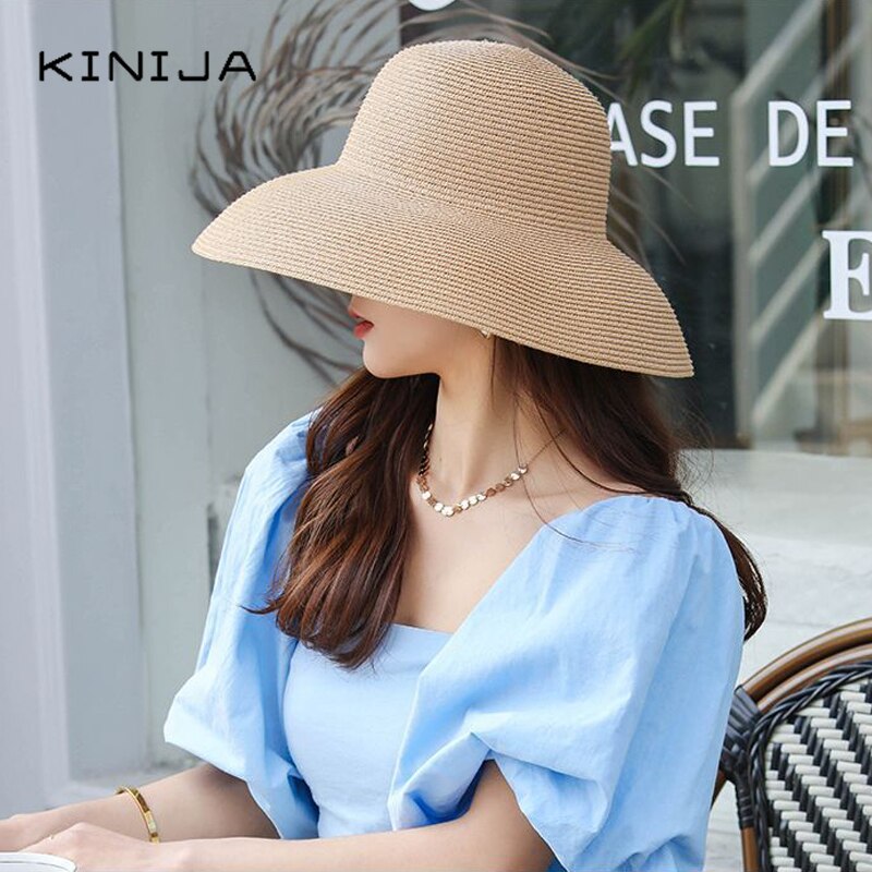 Hepburn Zomer Zonnehoed Dames Solid Plain Elegante Brede Rand Hoed Ronde Top Uv Bescherming Floppy Stro Strand Hoed Panama chapeau