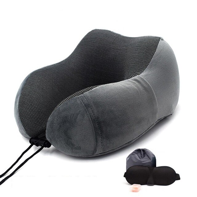 Travel Pillow Memory Foam Neck and Cervical Pillow for Airplane Car Office Napping Pillows U Shape Flight Head Chin Support Cush: Dark gray Set