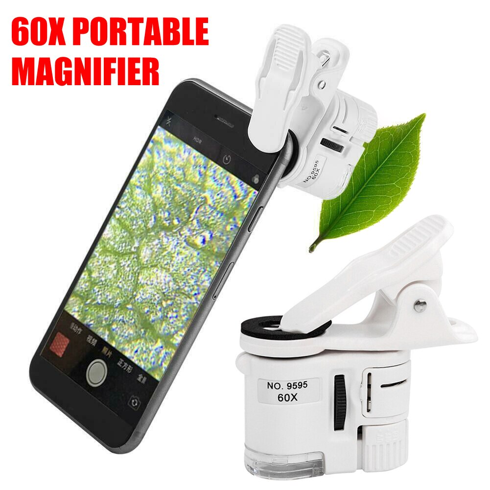 60X Draagbare Clip Vergrootglas Loupe Uv Microscoop Universele Mobiele Telefoon Met Mini Led FKU66