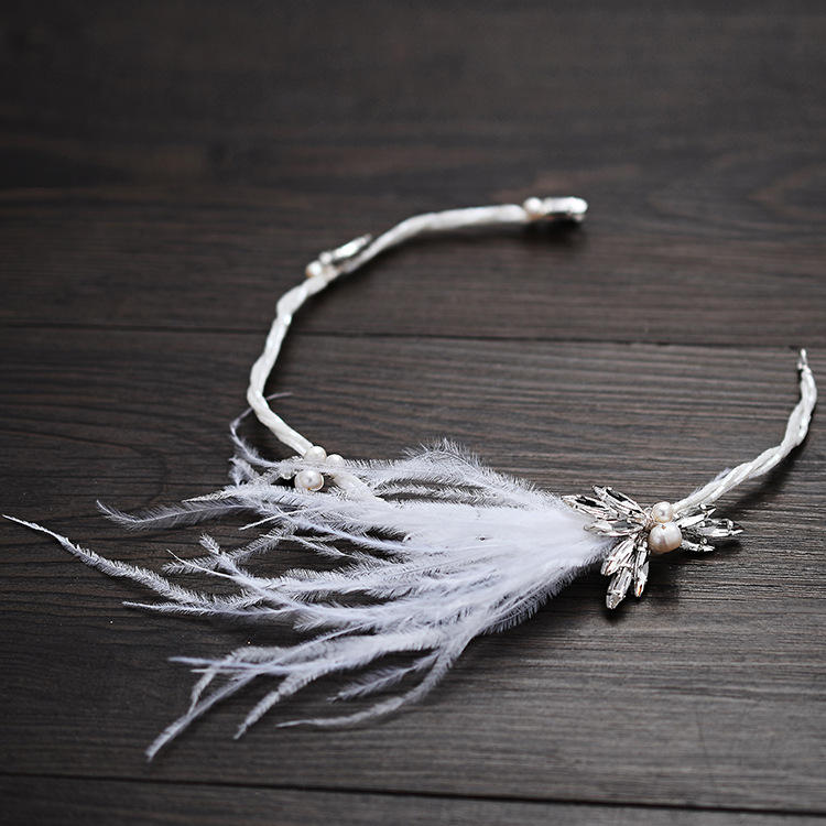 White Feather Bridal Headband with Earrings Crystal Wedding Hair Crown Pearls Jewelry Handmade Women Headpiece: Light Yellow Gold Color
