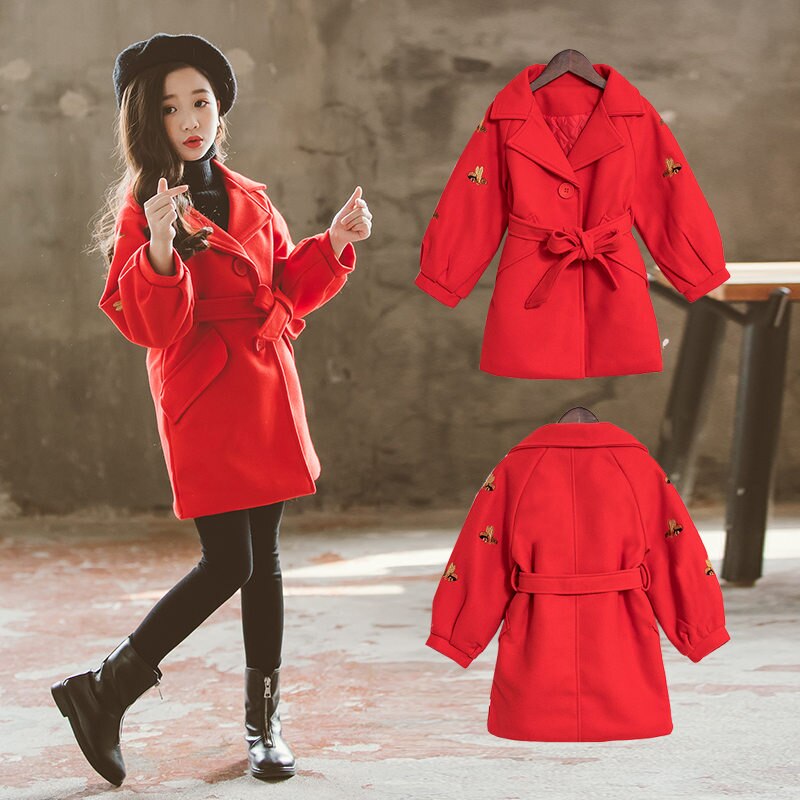 Girls Wool Long Coats with a Belt Teen Winter Coat Belted Quilted Bee Pattern Clothing For Kids Trench Coat Belt Buckles