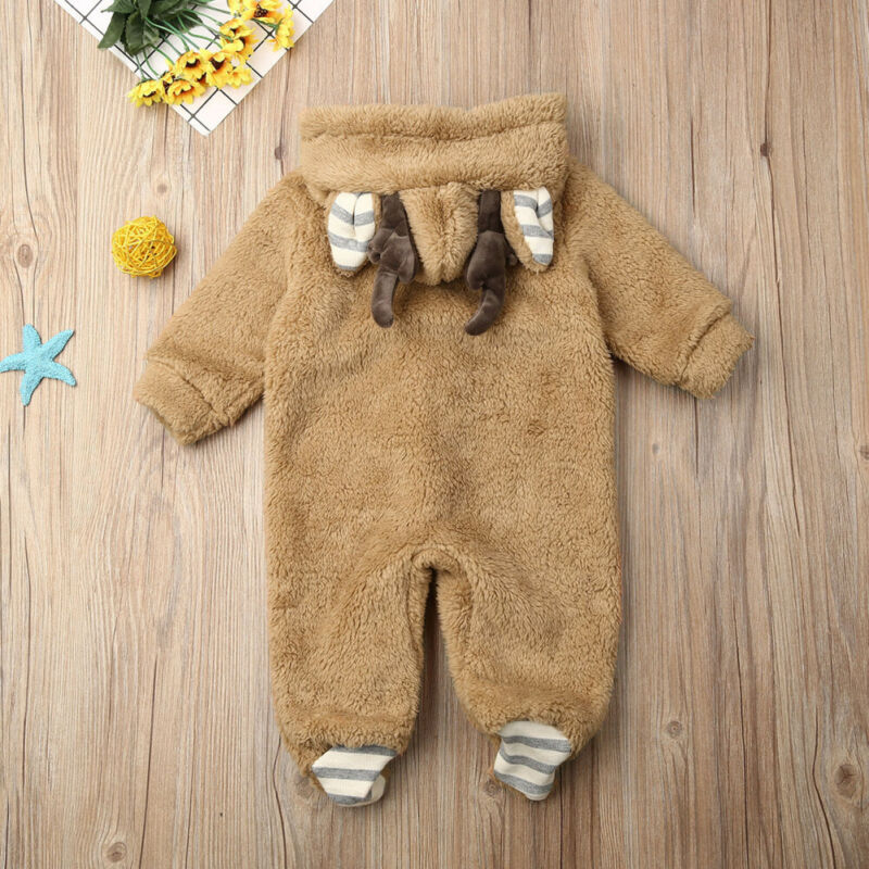 0-18M Newborn Baby Girl Boy Clothes Fur Hooded Rompers Jumpsuit Outfit Winter