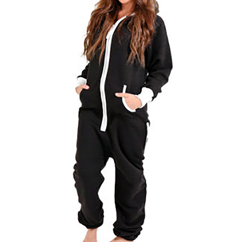 Winter Hooded Pajamas Set Adult Onesie For Women Men Couple Long Sleeve Black Blue Pajamas Set One Piece Sleepwear