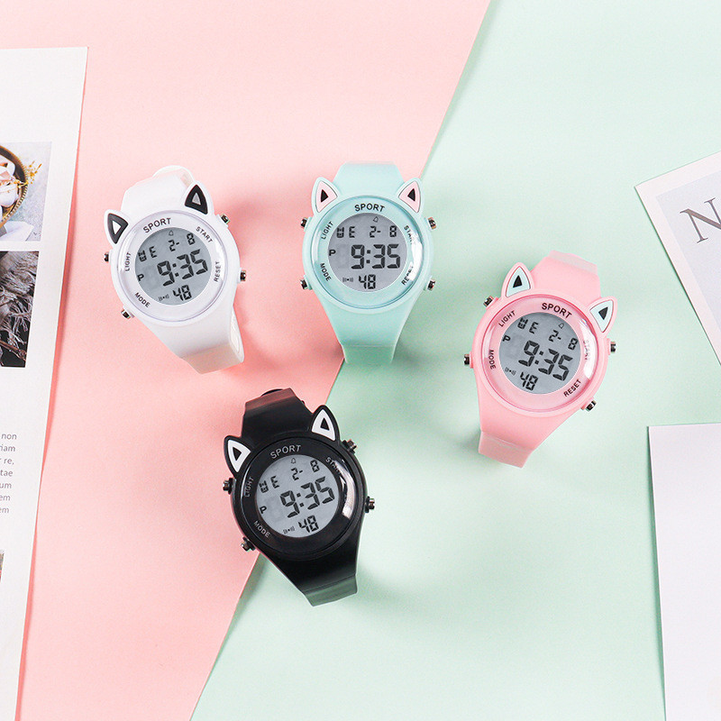 【Reloj + pulsera】Conjunto de pulsera electrónica de unicornio deportivo multifuncional de silicona con oreja de gato para niños