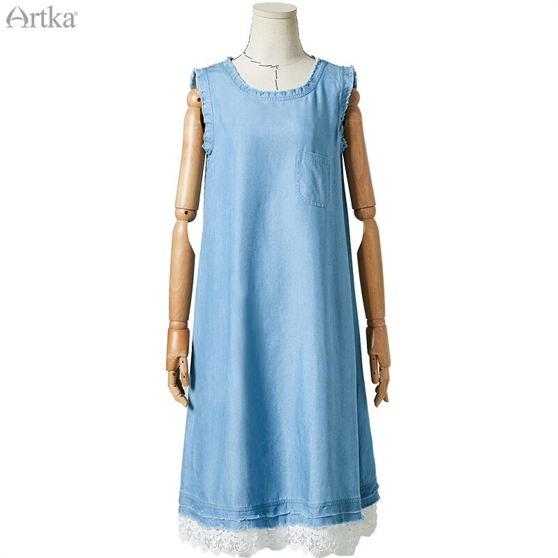 ARTKA Summer Women Dress Simple Denim Dresses A-Line One Piece Lace Dress O-Neck Sleeveless Long Dress LN25001X