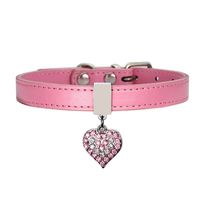 Bling Dog Collar Rhinestone Leather Puppy Collar Cute Cat Collar 0.5" Width Heart Pendant Pet Collars For Small Dogs/Cats: Pink / XS