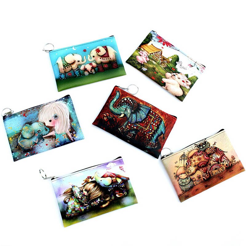 Women Coin Purse PU Leather Clutch Bag Cartoon Animals Elephant Owl Giraffes Deer Graffiti Lady Girl Wallet UND