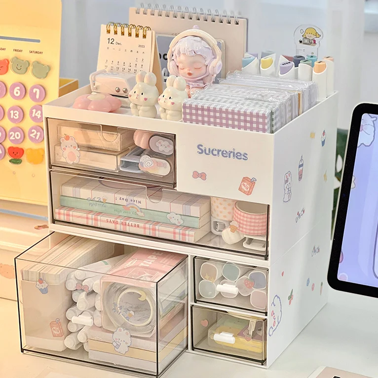 Desktop Drawer Storage Box Student Desk Stationery Cosmetics Colored Pen Sorting Box Organizer of Office Pen Holder Shelves: grey