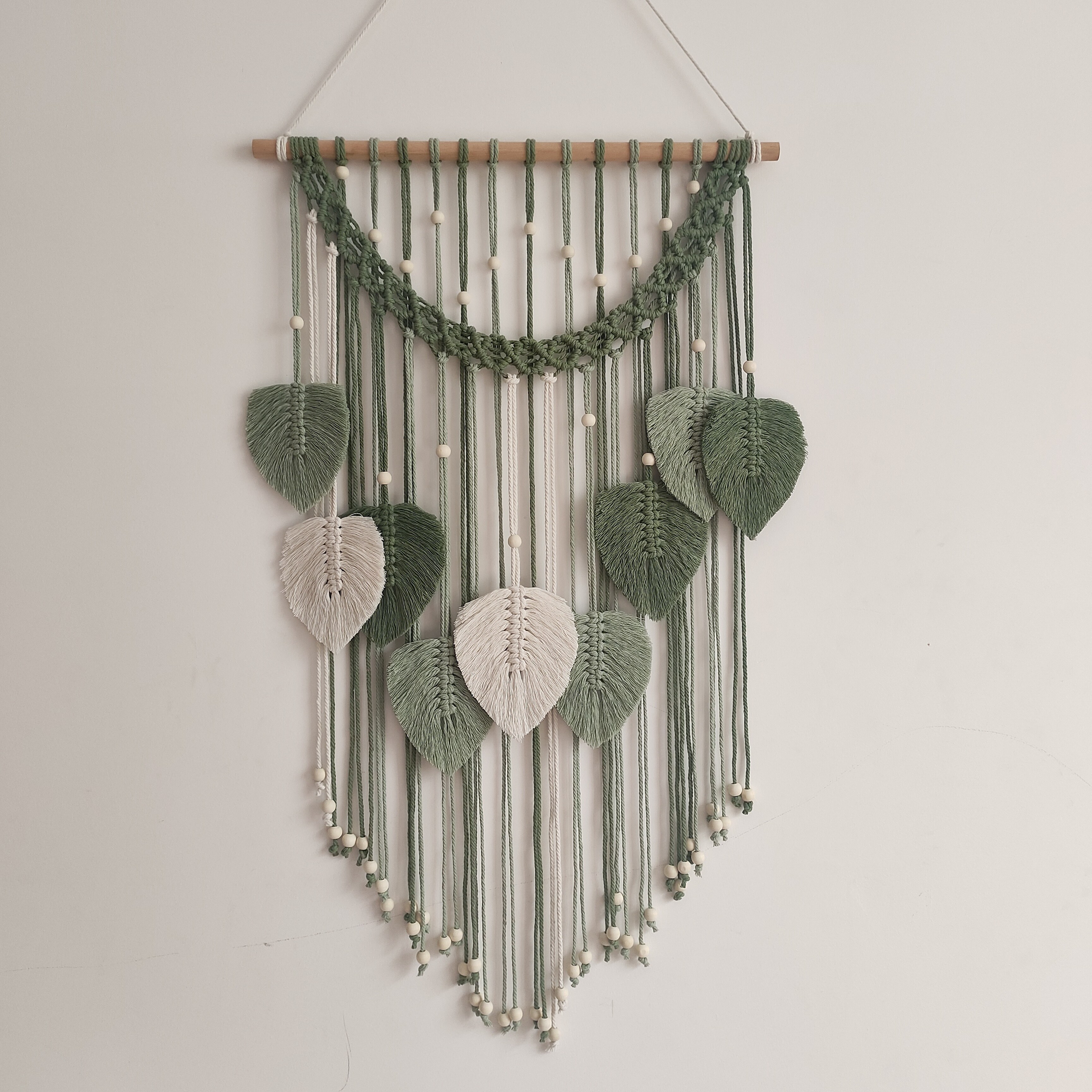 Tapiz colgante de pared de hoja de macramé, decoración bohemia de arte grande de macramé, decoración de habitación, para el hogar, cinta verde de macramé de jungla bohemia, 1 ud.: Verde militar