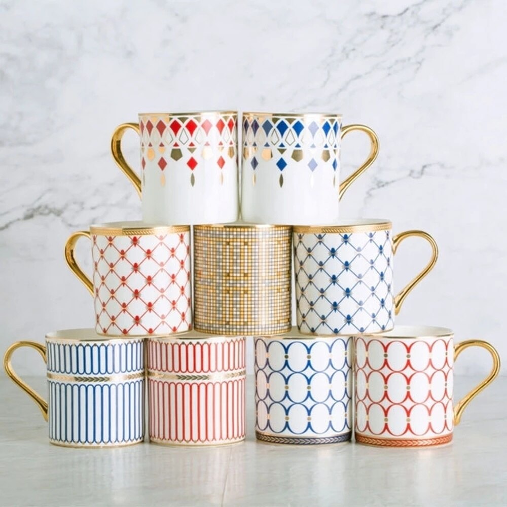 Tasse à café de luxe de Style britannique, 350ml, avec rayures dorées, en porcelaine, pour Couple, avec boîte