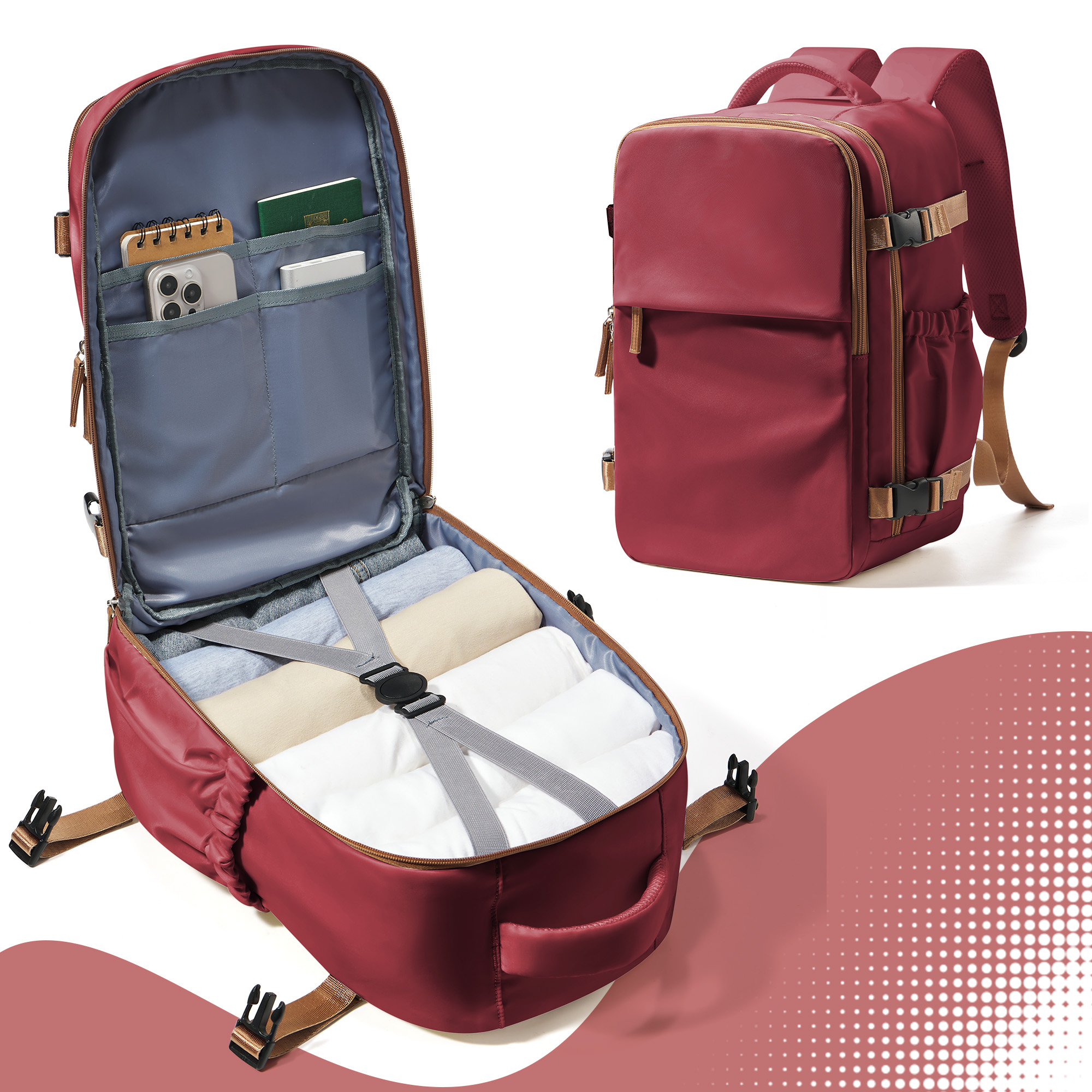 Zaino da viaggio Borsa da cabina 40x30x20 Wizzair trasportare-Ons, Aereo Uomo Donna Zaino per computer portatile da 15,6 pollici, Impermeabile casuale Bussiness: Rosso