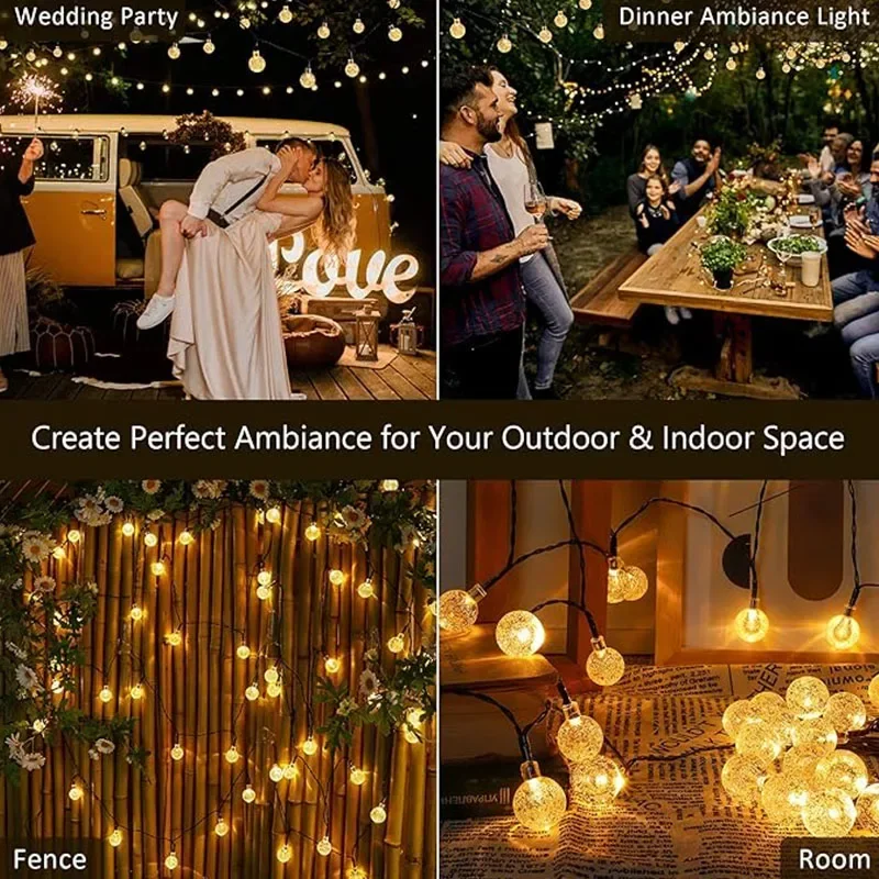 Guirnalda de luces LED con bola de cristal Solar para exteriores, resistente al agua, 8 modos de iluminación para jardín, patio, , Navidad, decoración de boda