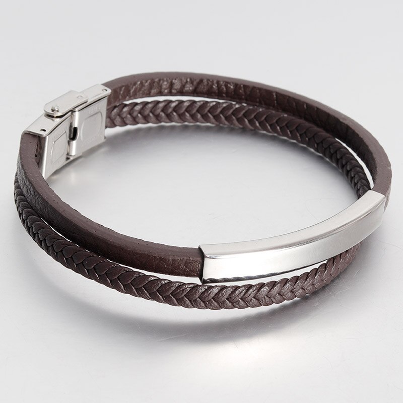 Lederen Armband voor Mannen 316L Rvs Stijl Veiligheid Sluiting Polsband Vintage Mode-sieraden: brown