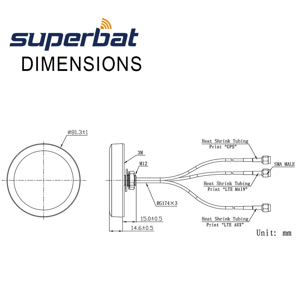 Antenna Combinata Superbat GPS + 4G LTE – Montaggio Magnetico, Connettore SMA Maschio, Cavo 3m RG174, Per Navigazione E Telemetria