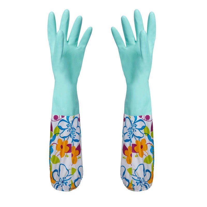 Blomst gummi fløjl lange handsker husholdningshandsker antiskid husholdning opvask rengøringshandsker: Grøn