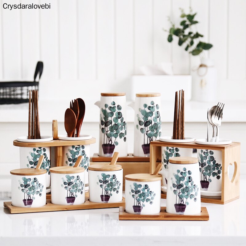 Nordic Groene Plant Home Keramische Kruiden Pot Eetstokjes Opslag Olie Pot Zout Shaker Combinatie Set Restaurant Keuken Benodigdheden
