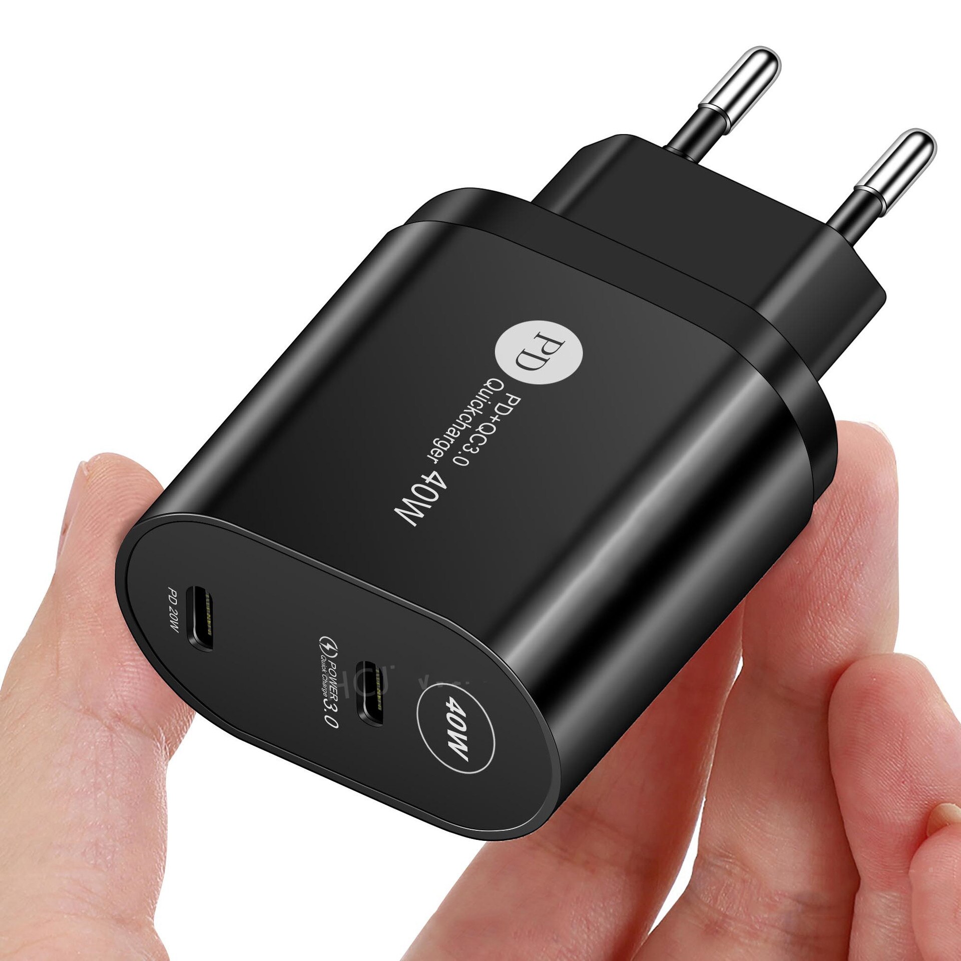 PD 40W double USB Type C Charger QC 3.0 Fast Charging Travel Wall Charger EU US UK Plug for mobile phone charger: black / Black EU Plug