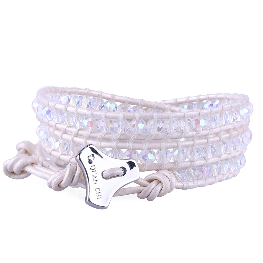 Bohemian Leather Wrap Bracelet Handmade Woven Braided Bracelets White Crystal Beads Women Jewelry Adjusatble Yoga Cord