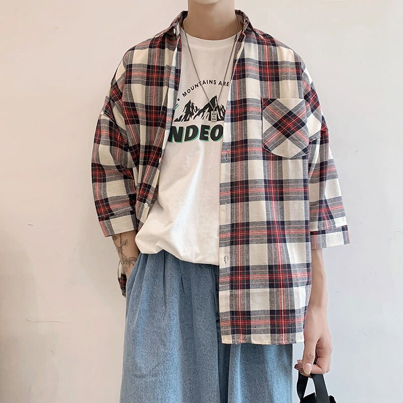 Harajuku-camisas a cuadros para hombre, ropa de calle masculina, sencilla, informal, holgada, de tres cuartos, combina con todo, estilo coreano