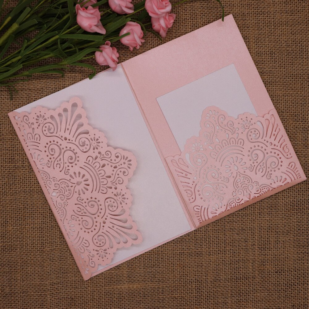 Tarjetas de papel perlado para invitación de boda, papel brillante de 250gsm tallado para invitaciones de cumpleaños, bautismo, , recuerdo, 10 unids/paquete: Pink