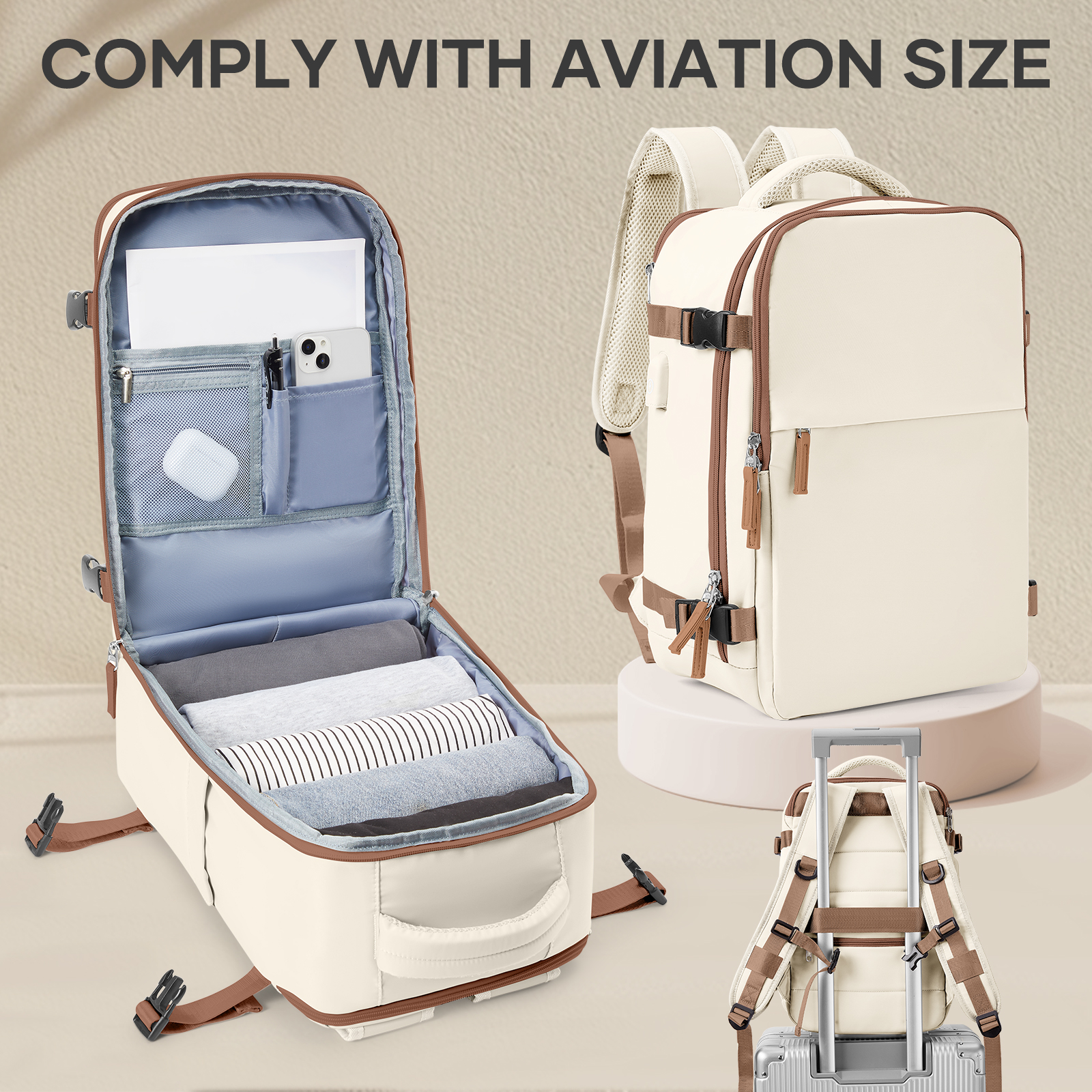 Mochila de viaje Ryanair avión 40x25x20 bolsa de cabina, mochila de trabajo para ordenador portátil para hombres, equipaje de mano mochila Ryanair mochila femenina: Beige