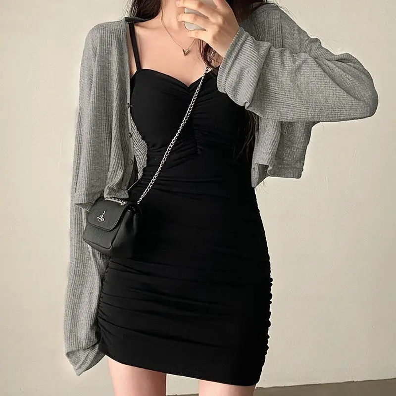 2Pcs Sets Frauen Sun-proof Crop Jacken Mini Falten Kleider Sexy Alle-spiel Mujer Koreanischen Stil Club Streetwear: XL