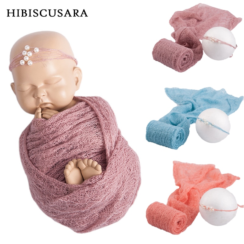 40*150 cm Newborn Baby Mohair Photography Wraps Blanket With Pearl Headband Headwear Infant Soft Knitted Wrap Cloth Accessories